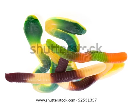 Colored Jelly Worms and Snakes  isolated on white background