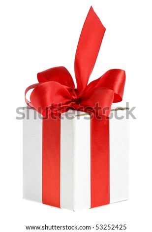 present white box with red ribbon bow