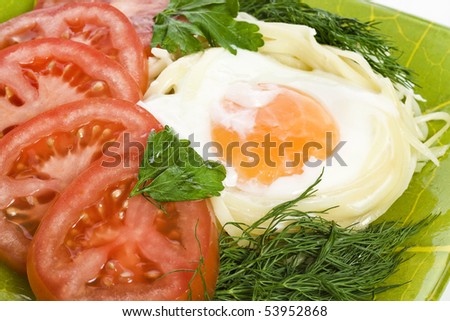 dish pasta nest with tomato and green fresh herbs top view surface close up texture background