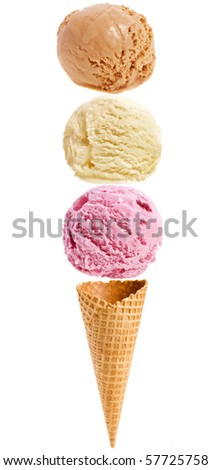 colored ice cream scoops  in waffle cone isolated on white background