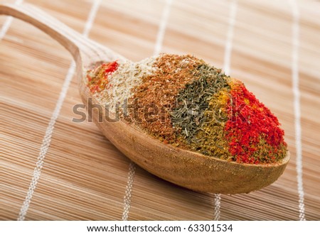 spice powder mix in a wooden spoon on a bamboo napkin