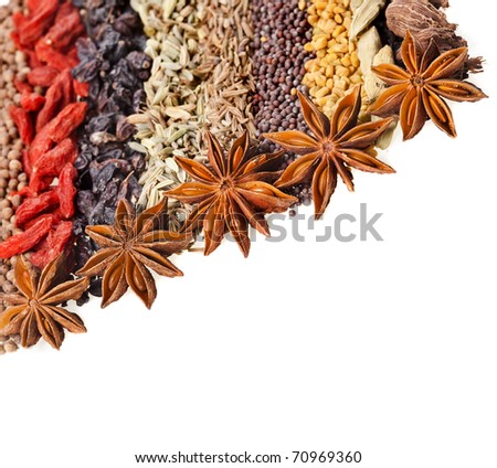 spices mixed  surface close up top view decor  isolated  on white background
