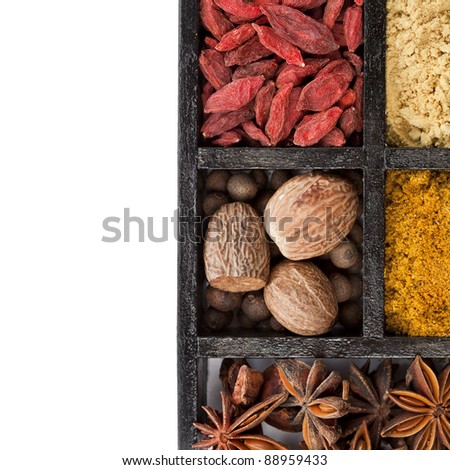 powder spices in wooden box border frame surface top view