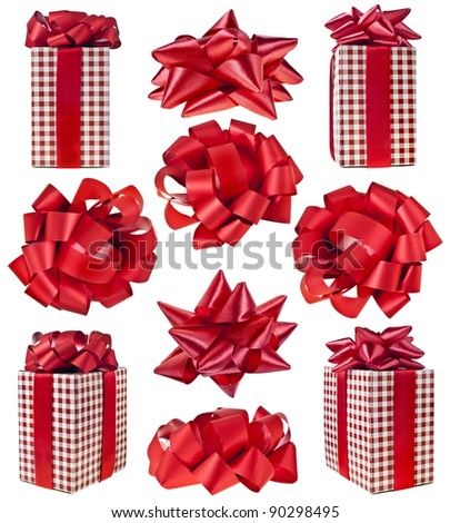 collection set of gift box in red checkered with red bow isolated on white background