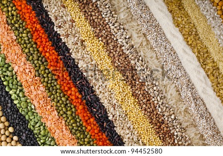 colorful  striped rows of dry lentils, soya beans, groats ,peas, grain ,buckwheat, soybeans, legumes, rice, backdrop texture