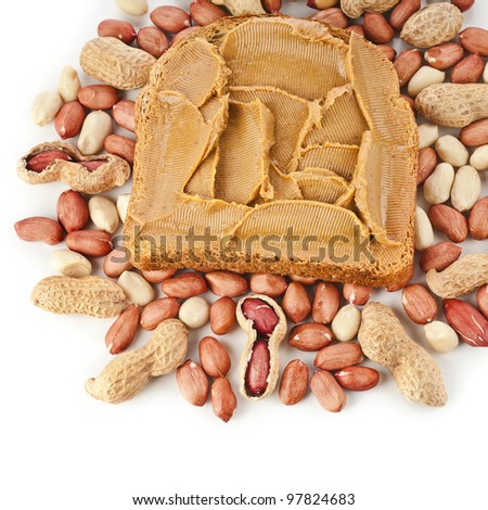 peanut butter sandwich and peanuts on white background