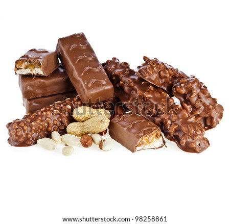 chocolate bar with caramel and nut on white