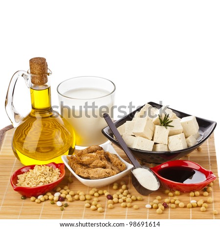 Soy products : oil,  milk, tofu, meat beef stroganoff, sauce, in wooden table isolated on white background