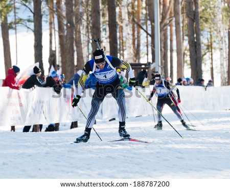 Tyumen, RUSSIA - APR 9, 2014: Martin Fourcade (FRA) at Biathlon Men\'s 18 km Mega Mass start at  International Biathlon Competition \