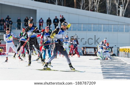 Tyumen, RUSSIA - APR 9,2014:Simon Fourcade and Anton Shipulin before firing line at Biathlon  Men\'s  Mega Mass start at International Biathlon Competition \