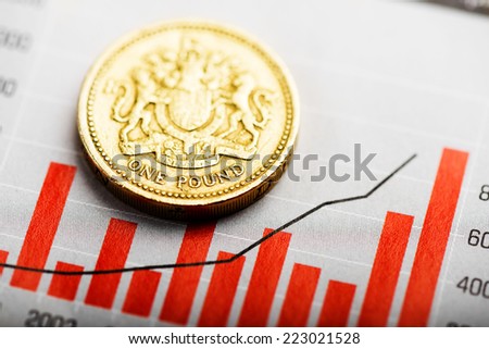 One pound coin on fluctuating graph. Rate of the pound sterling (shallow DOF)