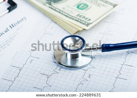 stethoscope over ecg graph and 100 dollar bills