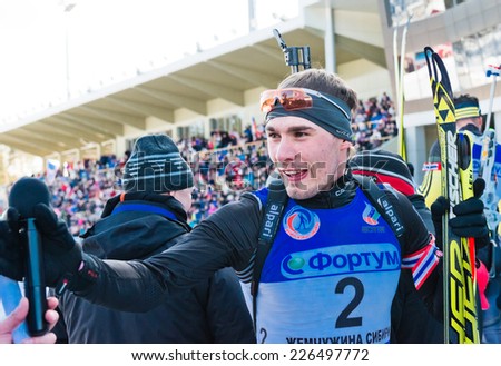 Tyumen, RUSSIA - APR 9, 2014: Anton Shipulin (RUS) after finish at Biathlon Men\'s 18 km Mega Mass start at International Biathlon Competition \