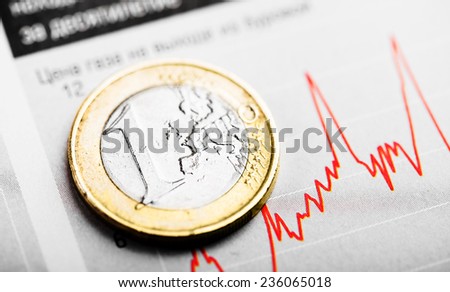 One euro coin on fluctuating graph. Rate of euro (shallow DOF)