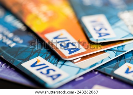YEKATAERINBURG, RUSSIA - JAN 07, 2015: Pile of Visa credit cards. Visa is biggest credit card companie in the world.