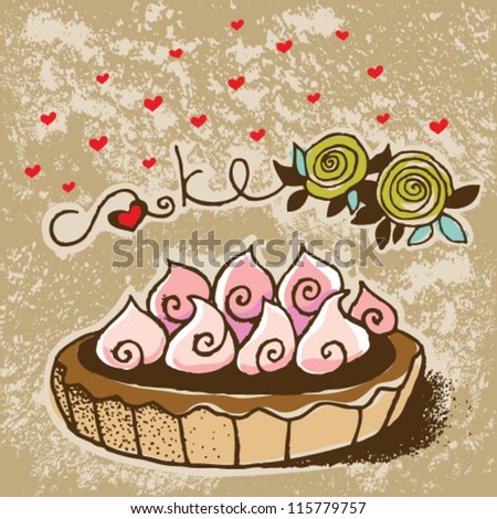 Sweet chocolate cake and flowers for birthday holiday. Vector illustration.
