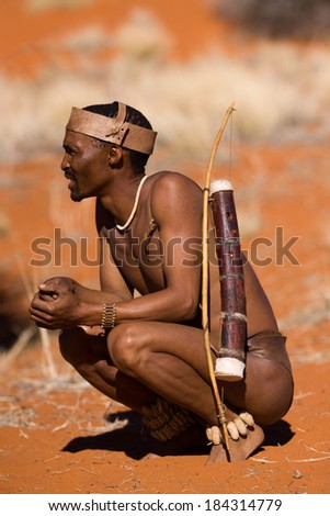 MARIENTAL, NAMIBIA - AUGUST 19: san bushman hunter show people how they hunt in the kalahari desert in Namibia august 19, 2013 in Mariental, Namibia