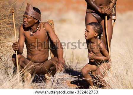 MARIENTAL, NAMIBIA - AUGUST 19: san bushman  show people how they hunt in the kalahari desert in Namibia august 19, 2013 in Mariental, Namibia