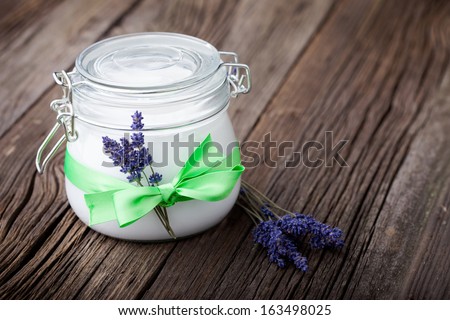 Handmade DIY natural body butter with lavender and coconut oil, almond oil and shea butter