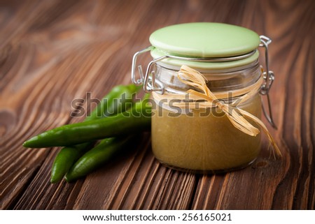 Homemade DIY natural hot chilli sauce sriracha made of green jalapeno