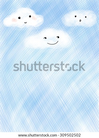 Cute smiley faces clouds over blue cross hatch sky template background wallpaper