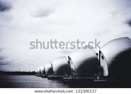 Thames Barrier on the River Thames, Greenwich Peninsula, London England UK
