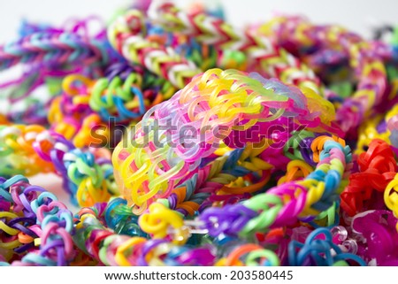 Close up of bracelet made with rubber bands