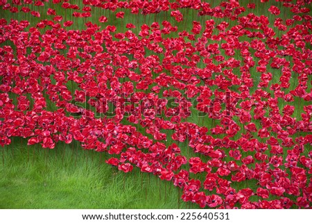 LONDON - 19 OCTOBER 2014: Art installation at Tower of London on October 19, 2014, featuring 888,246 ceramic poppies, one for every British and Commonwealth soldier killed in the 1914-1918, WW1