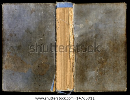 Worn and stained dirty blue leather book cover with torn paper spine showing through