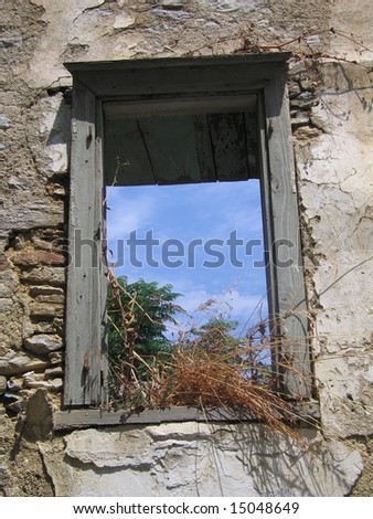 Damaged and decayed wooden window frame from old window frame Alonissos Alonisos