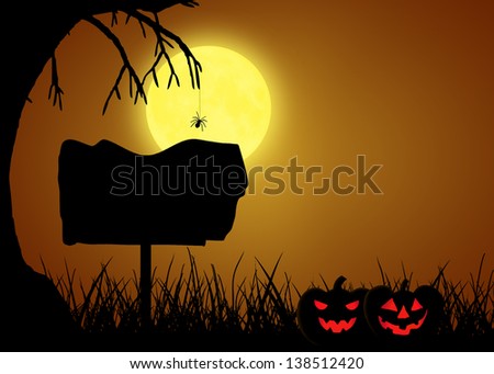 A silhouette Halloween illustration: Scary black landscape with a tree and a spider in front of the full moon, a sign and two halloween pumpkins.