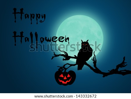 Halloween Night with owl and pumpkin at a branch in front of the full moon.
