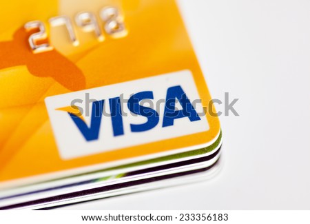 RUSSIA, OREL - 26 NOVEMBER 2014: Stack of credit cards by Visa on white background