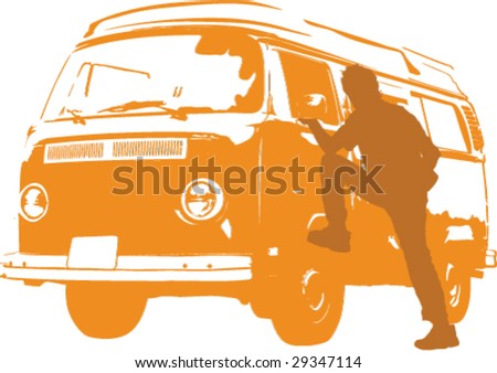 stock vector Dutone Hippy VW Bus and Hippy Guy silhouette