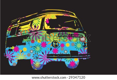 stock vector Floral cut out VW bus shape of flowers Hippy theme