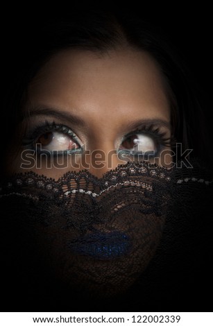 Woman with black lace looking sideways while black lace covers her mouth and nose