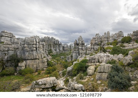 Limestone Rock formations in Antequera, Spain. Karst Rock formations, El Torcal Nature Reserve, located in Antequera, Malaga, Spain