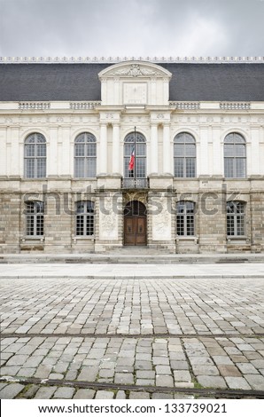 The Regional Parliament Building Of Brittany, Rennes, France. Beautiful facade of Rennes Regional Parliament Building in the old town square. Outdoors
