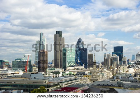London skyline. City of London view , financial district, from Tate Modern. Modern skyscrapers of London with blue and cloudy sky