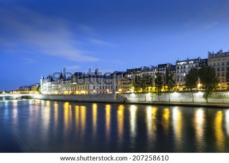 Paris at blue hour. Seine River in the Evening, Paris, France