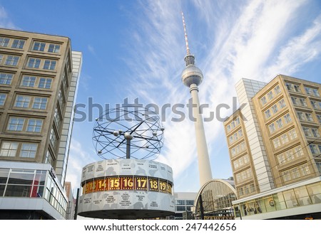 BERLIN -NOVEMBER 11: World clock and TV Tower in Alexanderplatz,11 November 2014 Berlin, Germany.Alexanderplatz is a large square and transport hub, named in honor of the Russian Emperor Alexander I.