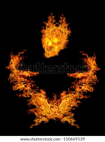 composition with skull in flame isolated on black background