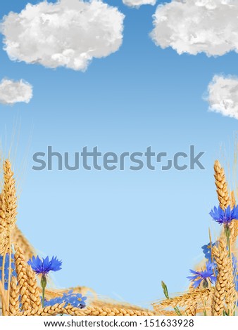 dry wheat half frame with blue flowers on cloud sky background
