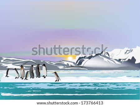 illustration with penguins in ice desert landscape