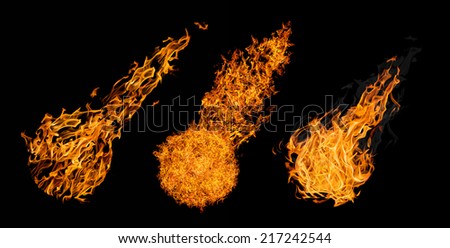 set of balls of fire isolated on black background