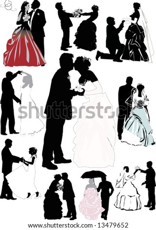 stock vector illustration with wedding couple silhouettes isolated on 