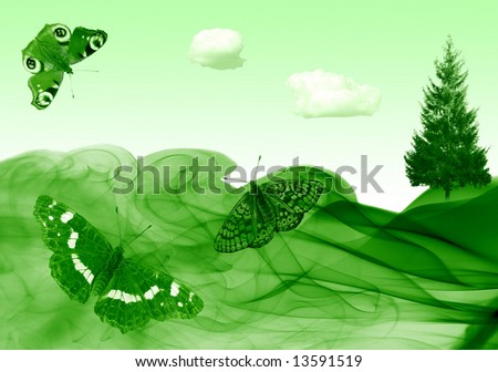 green abstract background with fir, clouds and butterflies