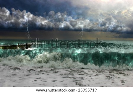Storm on the sea with lightning under the sky with thunderclouds