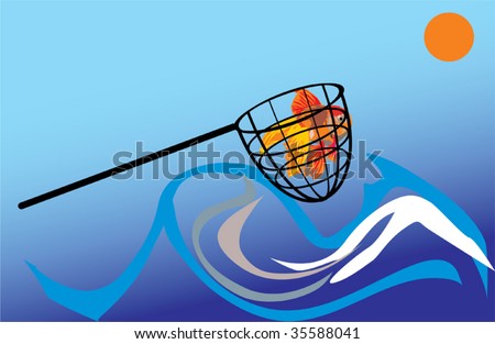 fishing net cartoon. with gold fish in net