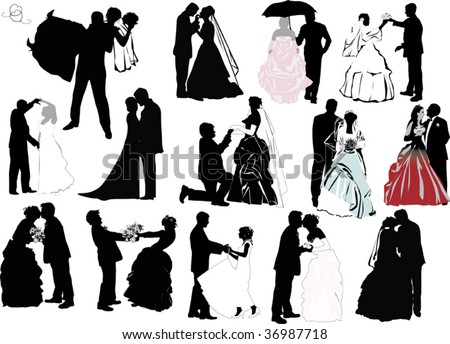 stock vector illustration with wedding couple silhouettes isolated on 